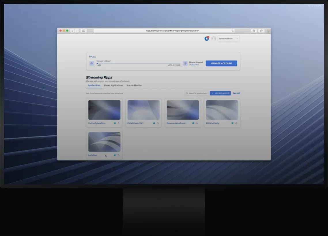 Centralized Unreal Engine pixel streaming dashboard for managing cloud deployments, applications, users, and streaming sessions