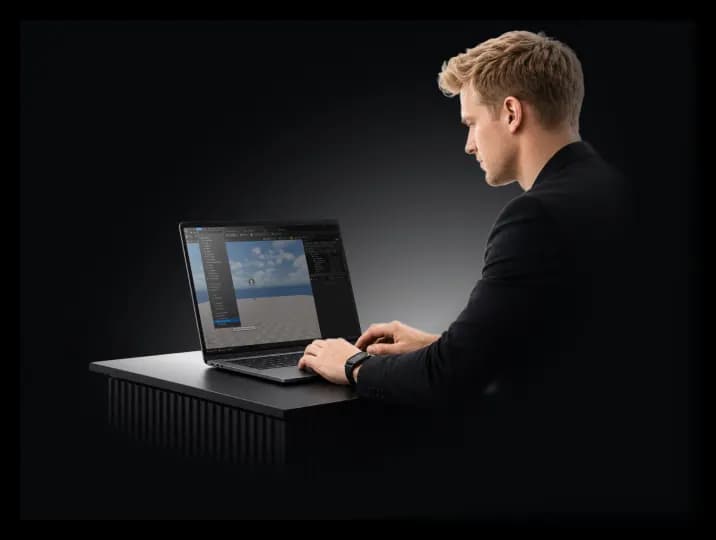 Developer working on a laptop representing customizable Unreal Engine deployment workflows, cloud configuration, and enterprise streaming management.