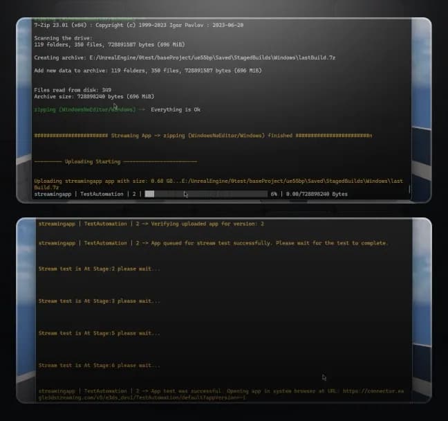 Built-in reliability features showing automatic retries, real-time logging, and stream test validation during deployment