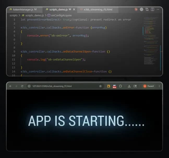 JavaScript implementation of the Eagle 3D Web SDK showing application initialization, browser integration, and stream startup workflows