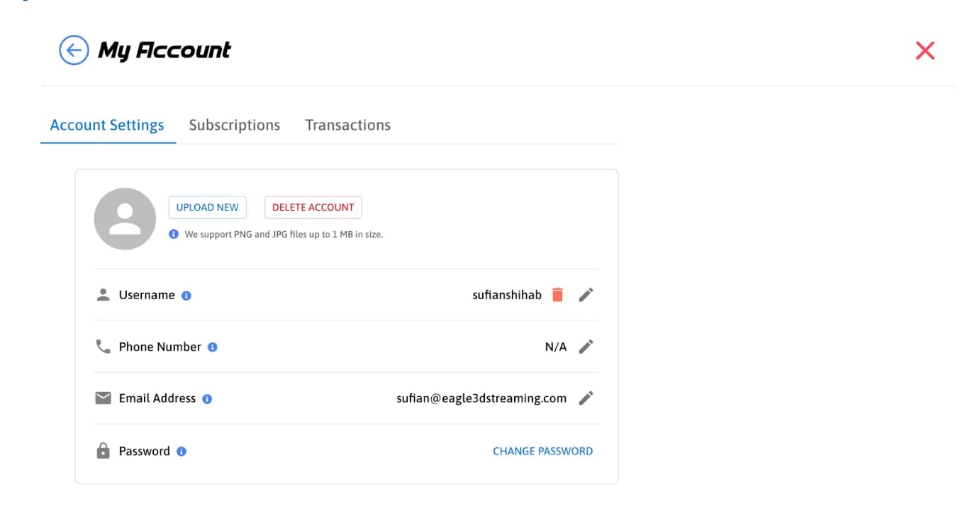 Eagle 3D Dashboard delete account button in Account Settings