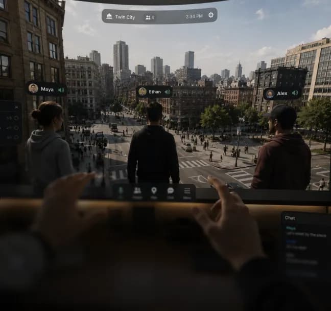 Multi-user VR session where teams and clients share one immersive space with avatars and voice across headsets and desktops