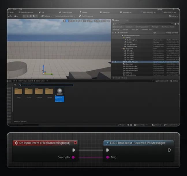 Unreal Engine Blueprint nodes providing direct access to Eagle 3D Streaming features and browser communication tools for pixel streaming applications