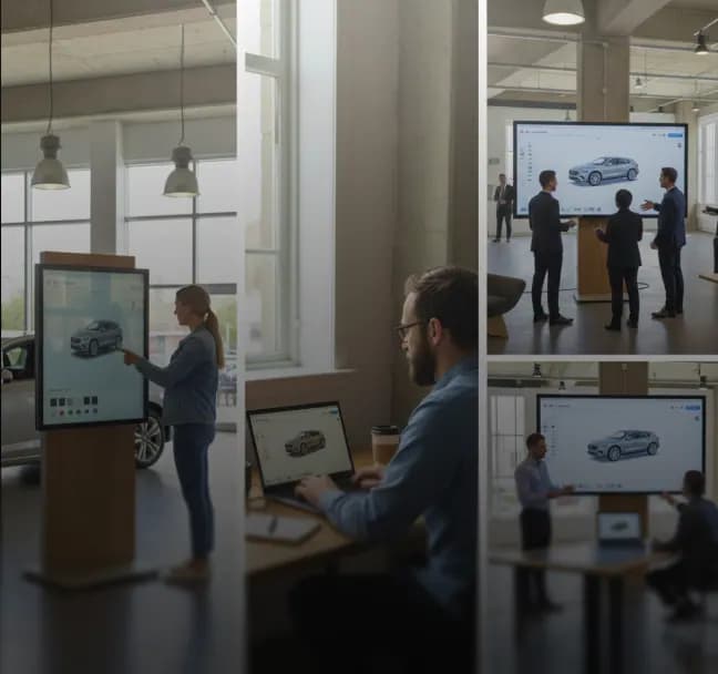 Sales team presenting an interactive Unreal Engine product configurator during a customer demonstration and product review session
