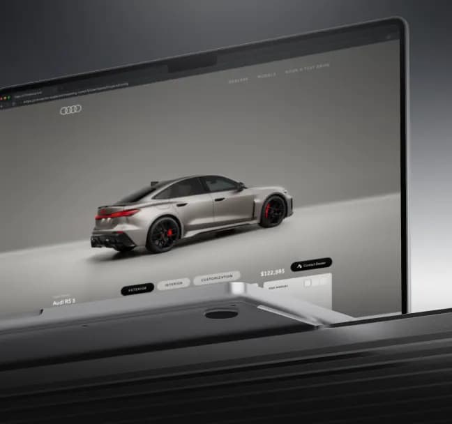 Photorealistic vehicle configurator streamed through Unreal Engine, enabling real-time product customization directly in the browser